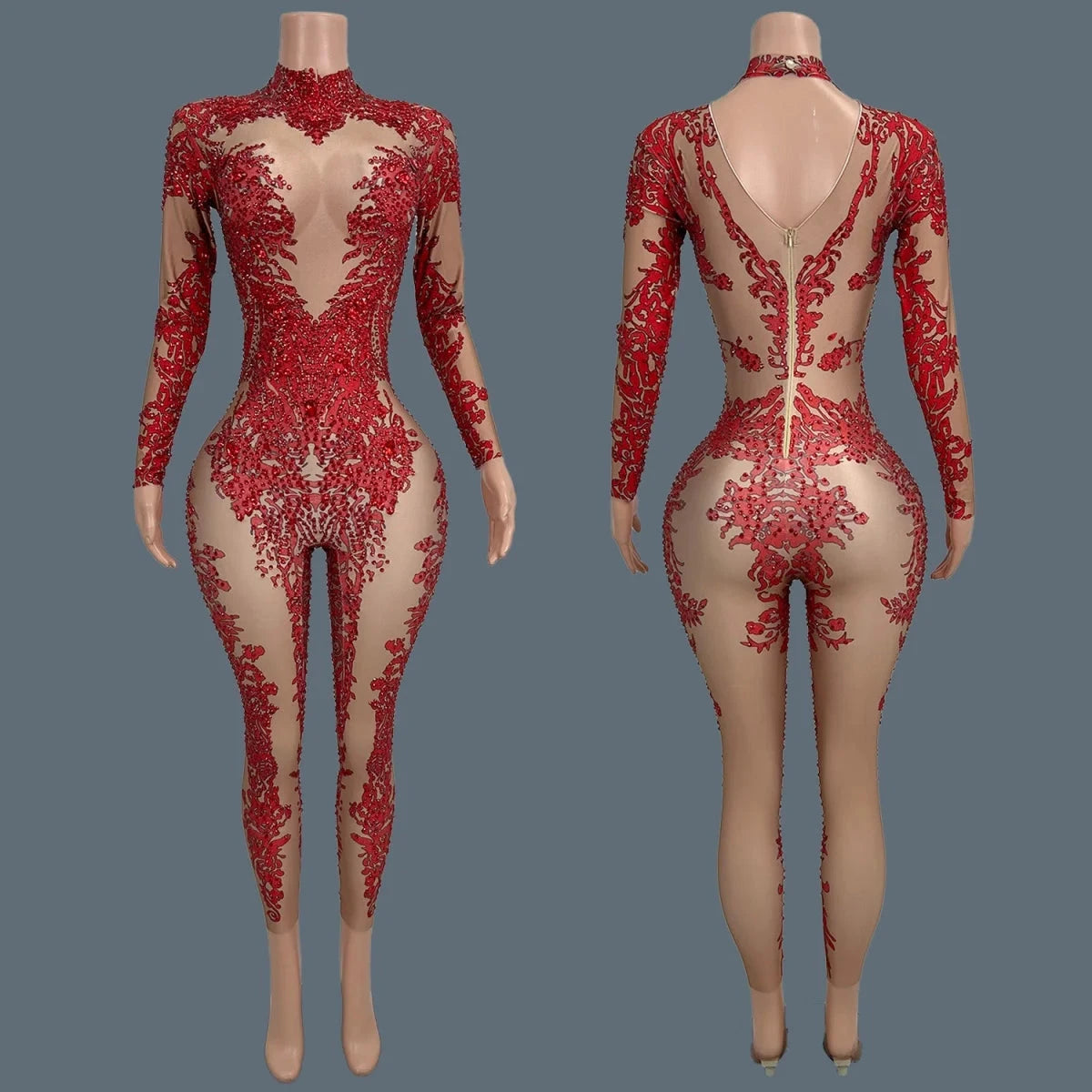 Sparkly Rhinestone Print Spandex Elastic Bodycon Jumpsuit Nightclub Party Stage Club Show Costume  Dance Skinny Wear Xiaotaohong Viralgem Store