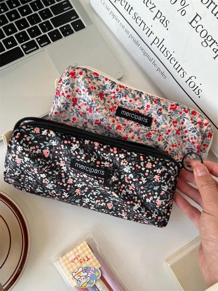 Women Flower Cosmetic Bags Girl Pencil Case Embroidery Student Korean Kawaii Cases for Girls Make Up Brush Storage Pouch