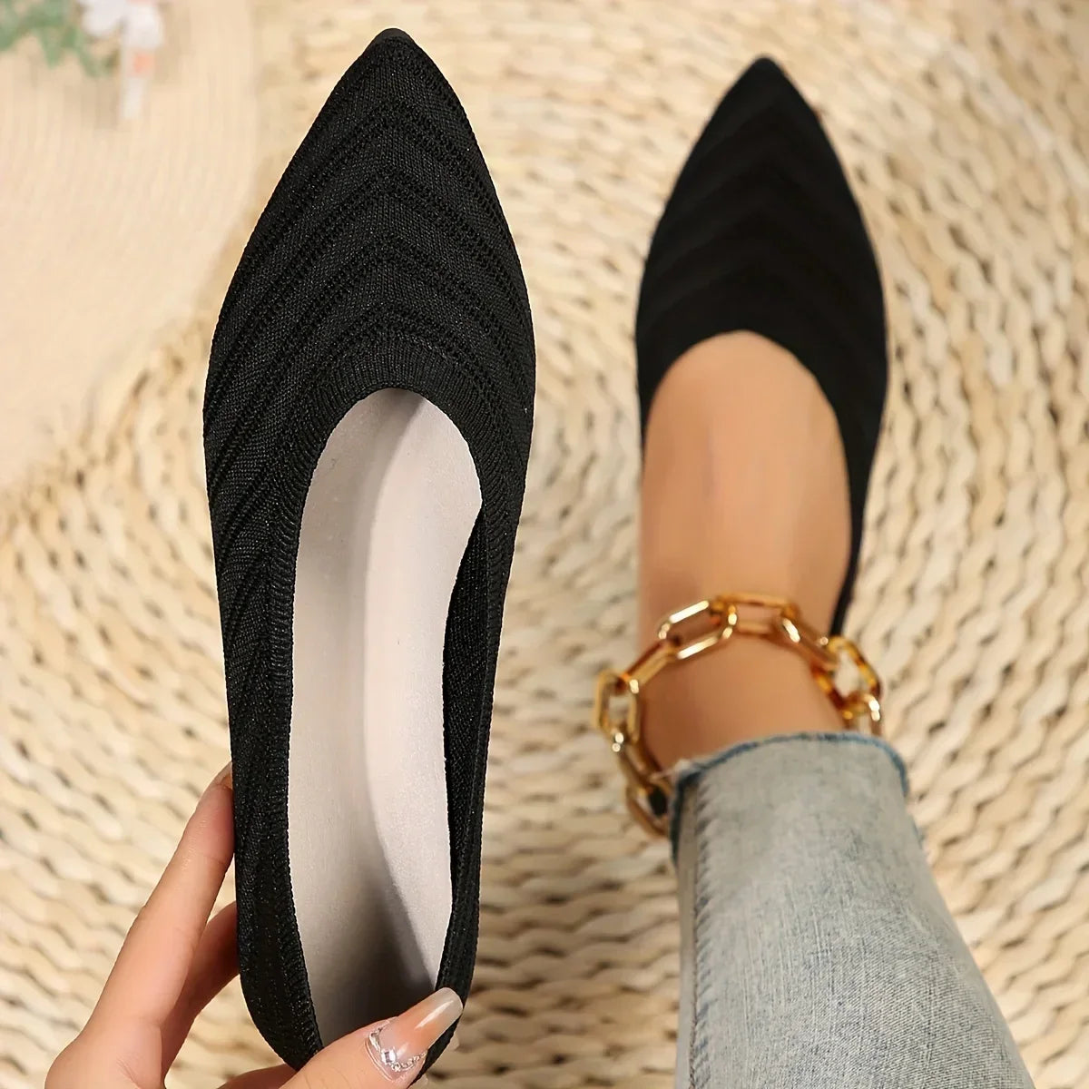 Women's Pointed Toe Flat Shoes Solid Color Knitted Slip on Shoes Casual Breathable Ballet Flats Women Flat Shoes Loafers Women Viralgem Store
