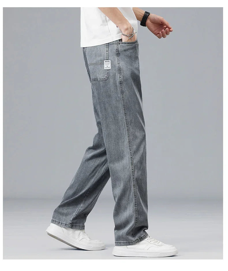 2025 New Summer Ultra-thin Lyocell Men's Jeans Drape Soft Fabric Loose Straight Casual Denim Pant Elastic Ice Silk Male Trousers