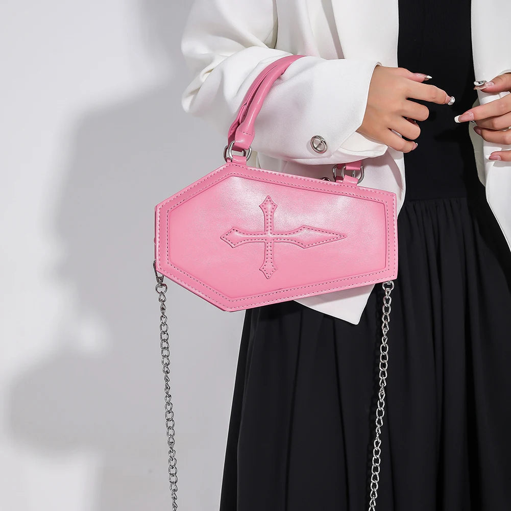 Women Crossbody Bag Large Capacity Coffin Shape Phone Shoulder Bag Halloween PU Top Handle Bag for Travel Make Up Cosmetic Bag