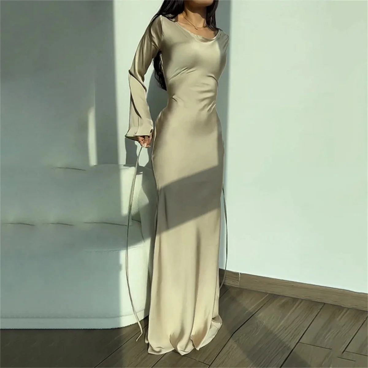 Women 2024 New Long Dresses Fashion Simple Elegant Round Neck Satin Flare Sleeve Lace Up Slim Evening Party Dresses Sexy Dress