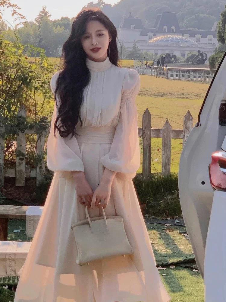 White Solid Vintage Party Midi Dress Women Puff Sleeve Slim Sweet Elegant Dress Ladies High-waisted French Style Chic Dress 2023 Viralgem Store
