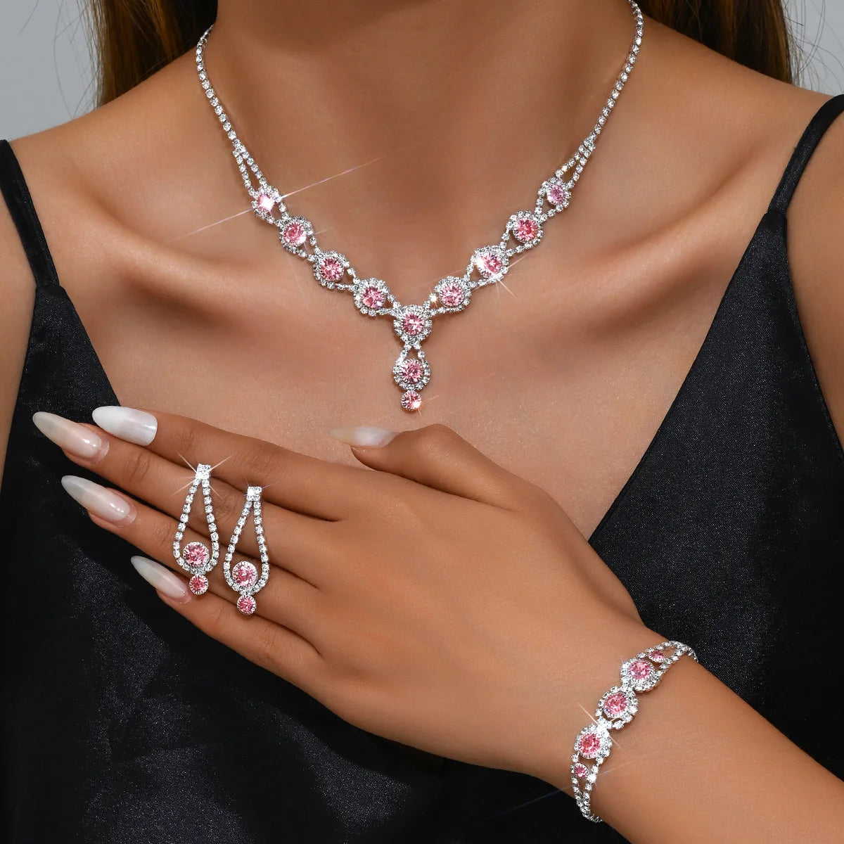 4PCS Fashion Elegant Crystal Jewelry Sets for Women Rhinestones Necklace Ring Earrings Bridal Wedding Party Jewelry Sets Viralgem Store