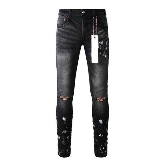 American Fashion Style High Street Black Distressed Damaged Holes Skinny Graffiti Ripped Jeans