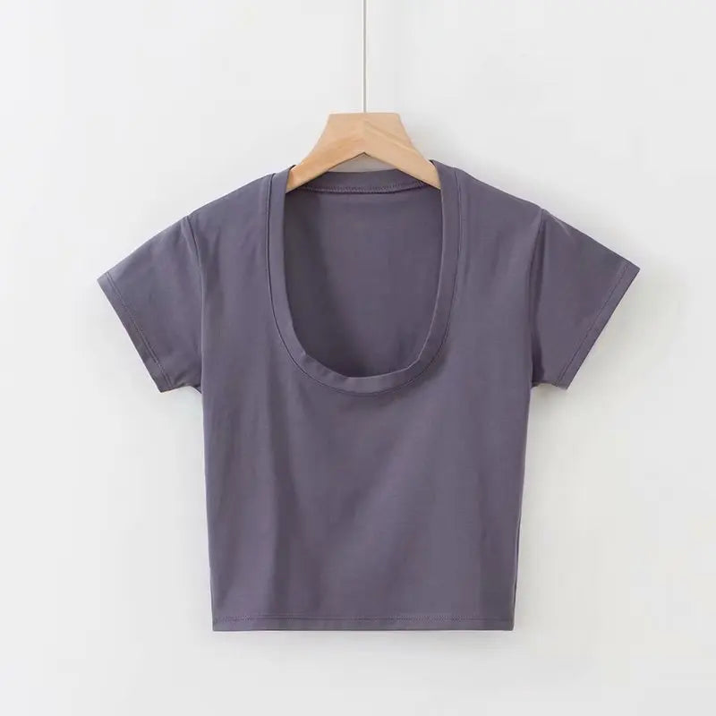 U-Neck Crop Top Solid Color Women Casual High Waist T Shirt Basic Sexy Streetwear Short Sleeve Slimming