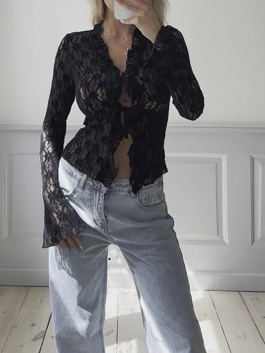 Women s Summer Lace Shirt Tops Y2k Flare Long Sleeve Tie Front Sheer Slim Crop Cardigan Clubwear