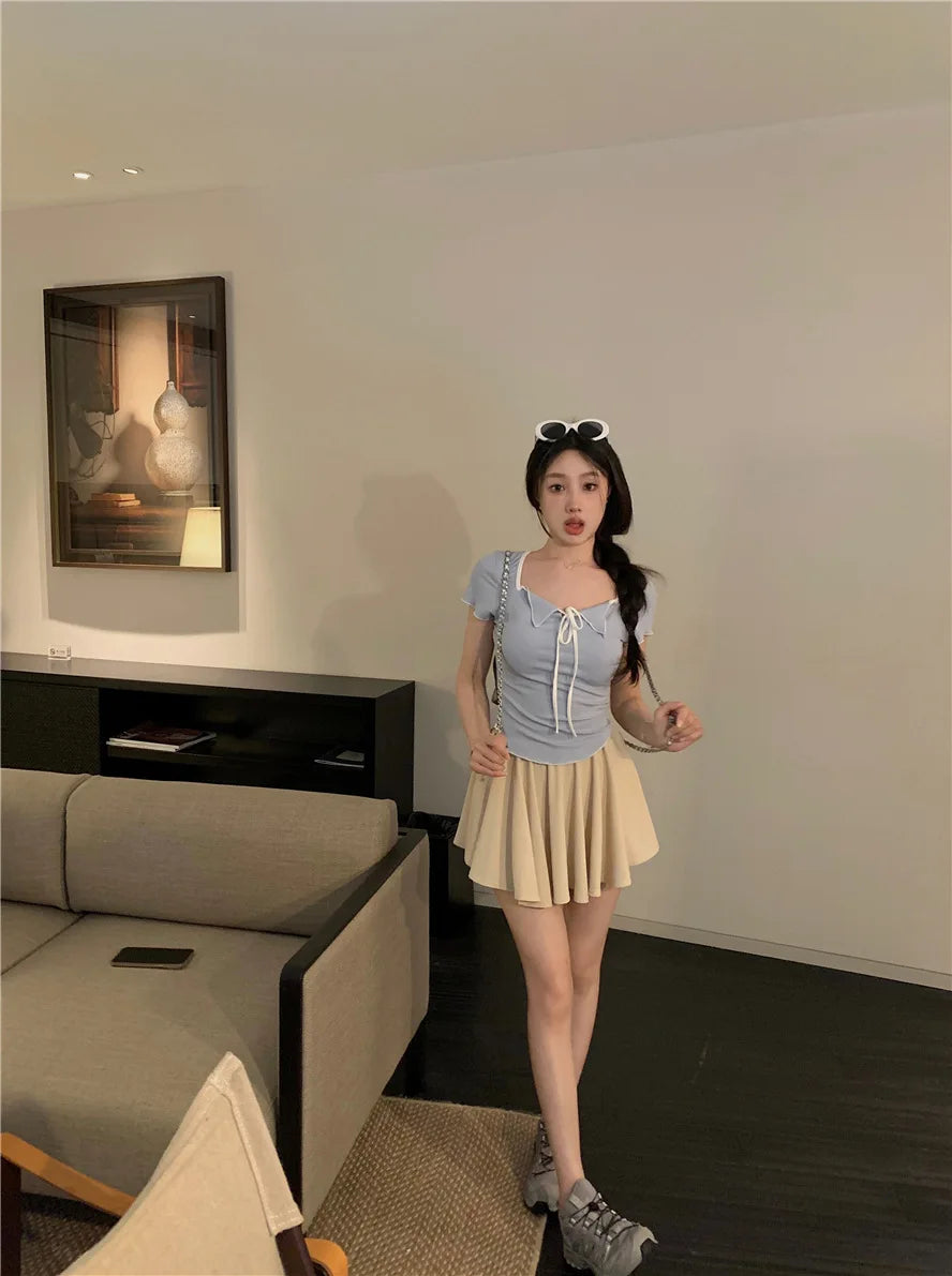 Sweet Spicy Girl Style Tie Straps V-neck Women's Knitted T-shirt Show Slim Figure Short Sleeved Tops Youth Elegant