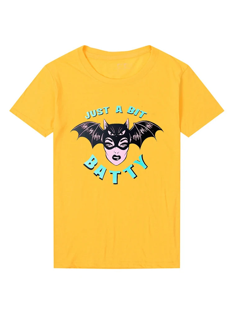 90s Grunge Gothic Clothes Just A Bit Batty Funny Halloween T Shirt for Women Cotton Spooky Withc Horror Dark T-shirt Femme Tops