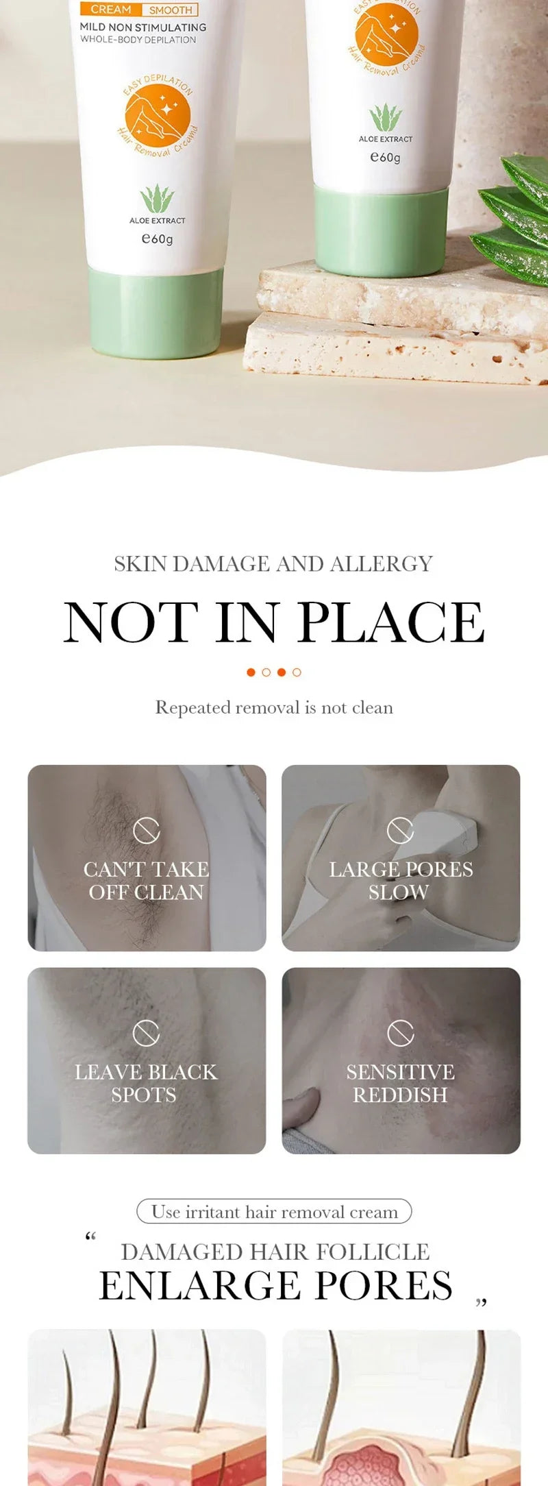 Aloe Hair Removal Cream Painless Hair Remover Semi-Permanent Intimate Areas Growth Inhibitor Depilatory Armpit  Arm Body Care