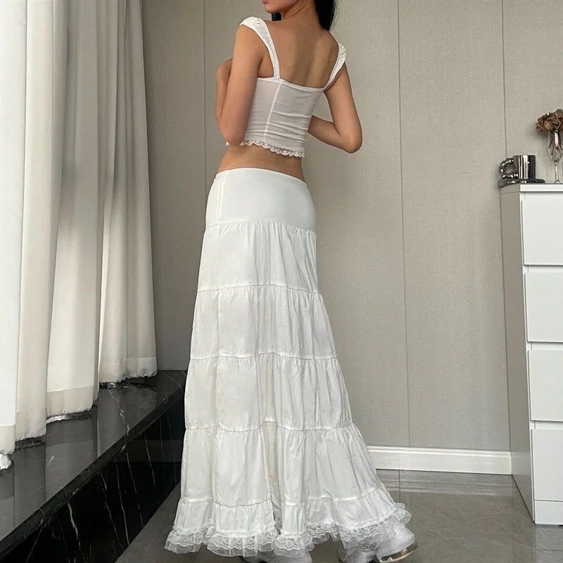 2 Piece Sets Lace Patchwork Beach Holiday Matching Set Outfits Sexy Summer Women Square Neck Crop Top and Long Skirt