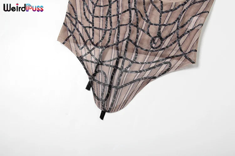 Weird Puss Stripe Print Sexy 2 Piece Set Women See Through Coquette Camisole+Long Skirts Midnight Clubwear Party Matching Suits Viralgem Store