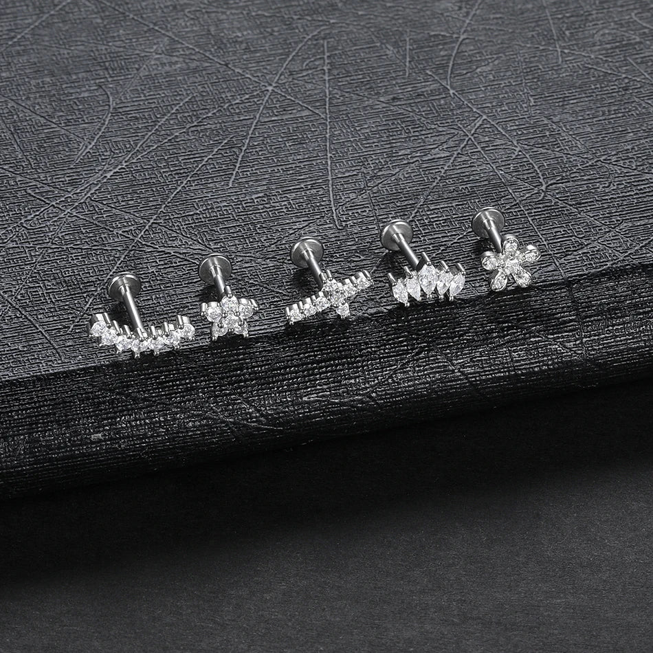 1PC Lip Stud Stainless Steel Ear Piercing Earring Nail Moon Ring Crystal Flower Cross Cartilage Tragus Screw Body Jewelry New