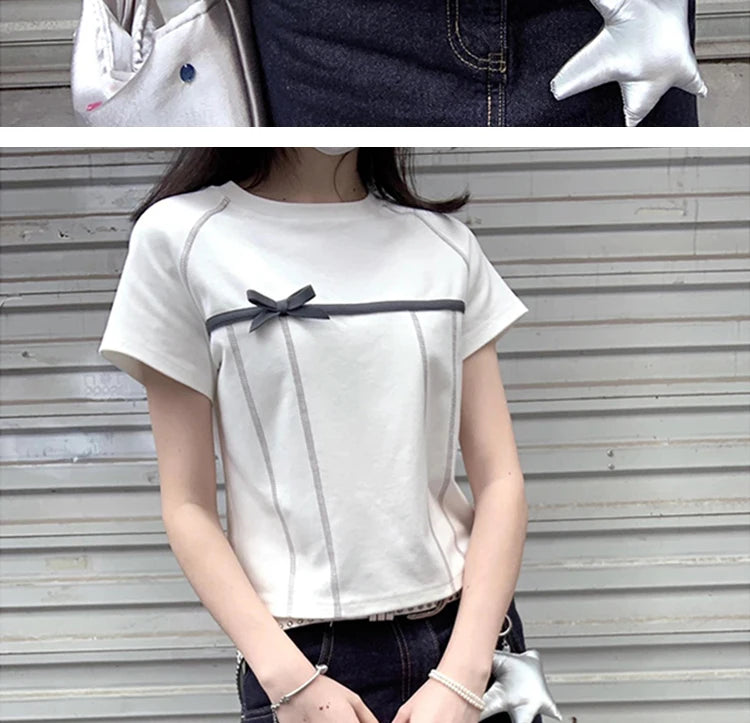 Yedinas High Quality Cotton T Shirt Women Clothes Korean Fashion Summer Tops Short Sleeve Bow Bright Line Decoration Tees Y2k