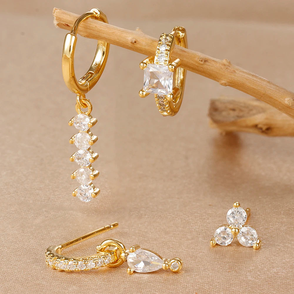 4PCS Simple Crystal Zirconia Square Dangle Earrings Set For Women Korean Stainless Steel Pendant Stud Earring Piercing Jewelry Viralgem Store