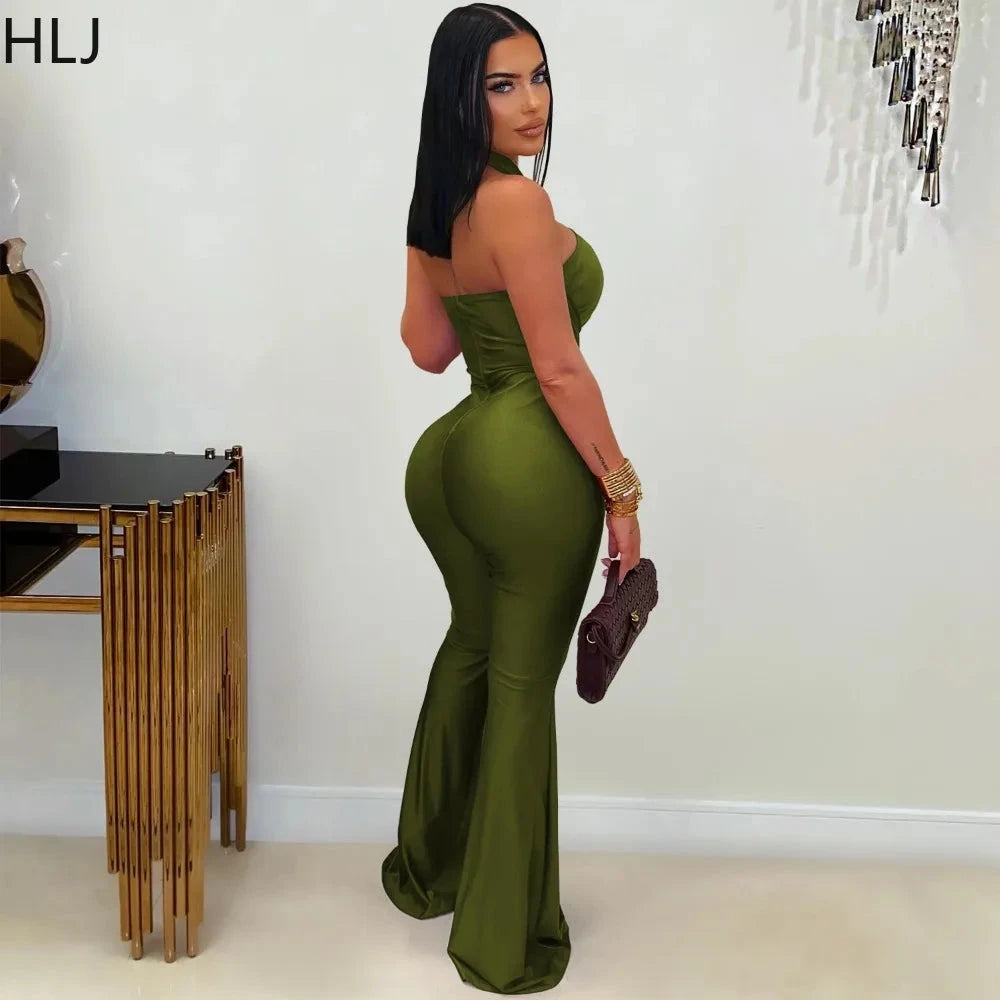 HLJ Sexy Hollow-out Bandage Patchwork Bodycon Jumpsuit Women Halter Sleeveless Backless Rompers Female Streetwear Overalls New Viralgem Store