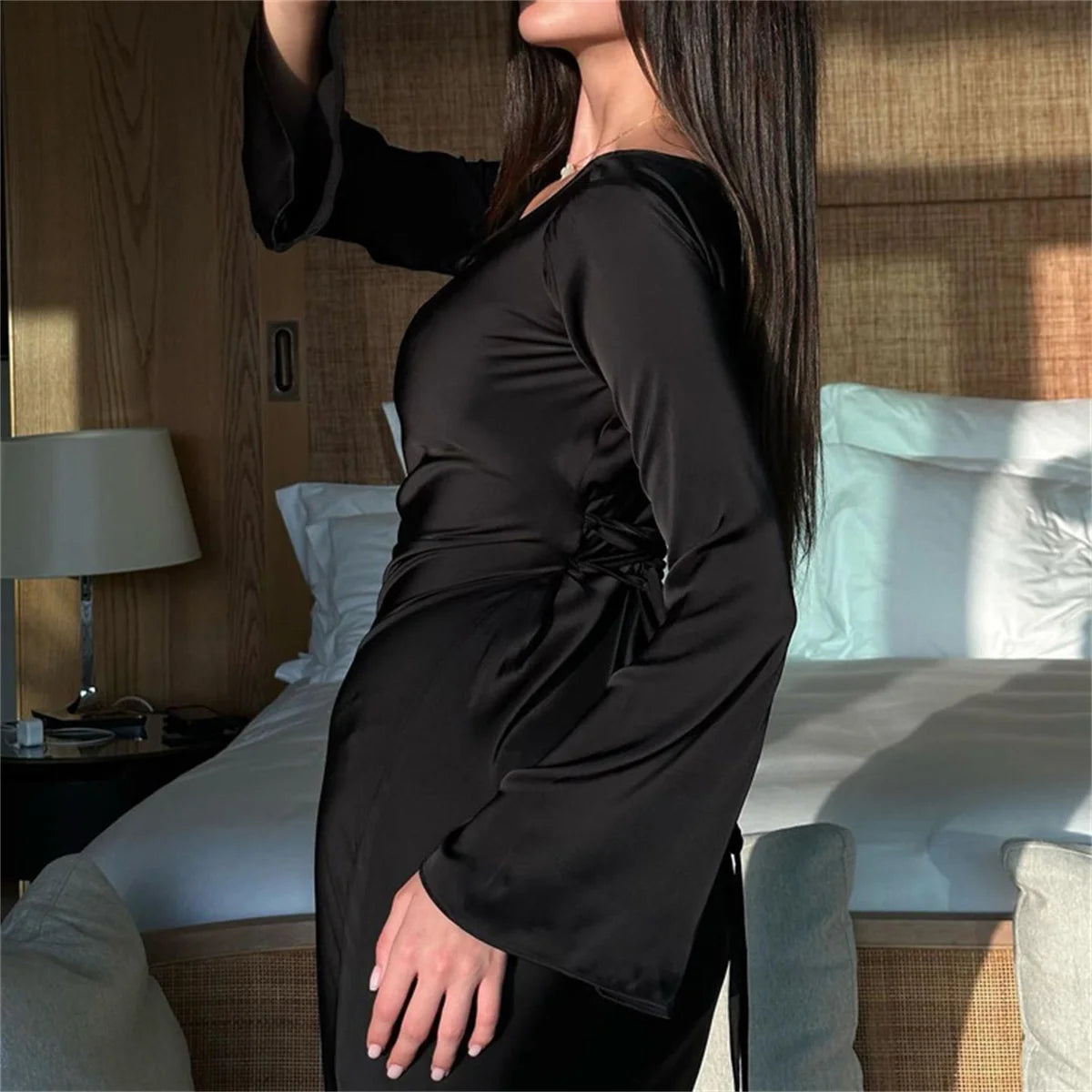 Women 2024 New Long Dresses Fashion Simple Elegant Round Neck Satin Flare Sleeve Lace Up Slim Evening Party Dresses Sexy Dress