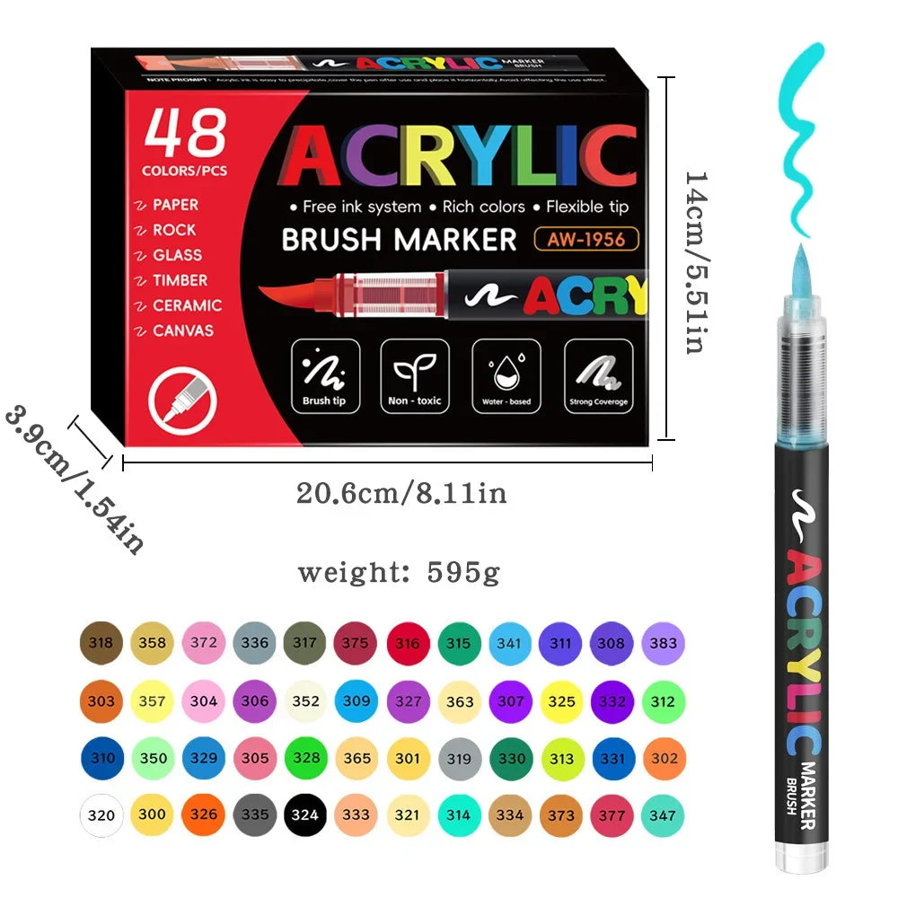 12-48 Color Acrylic Marker Pen Set Waterproof Scrapbook DIY Brush Tip Drawing Paint Marker Art School Supplies Stationery