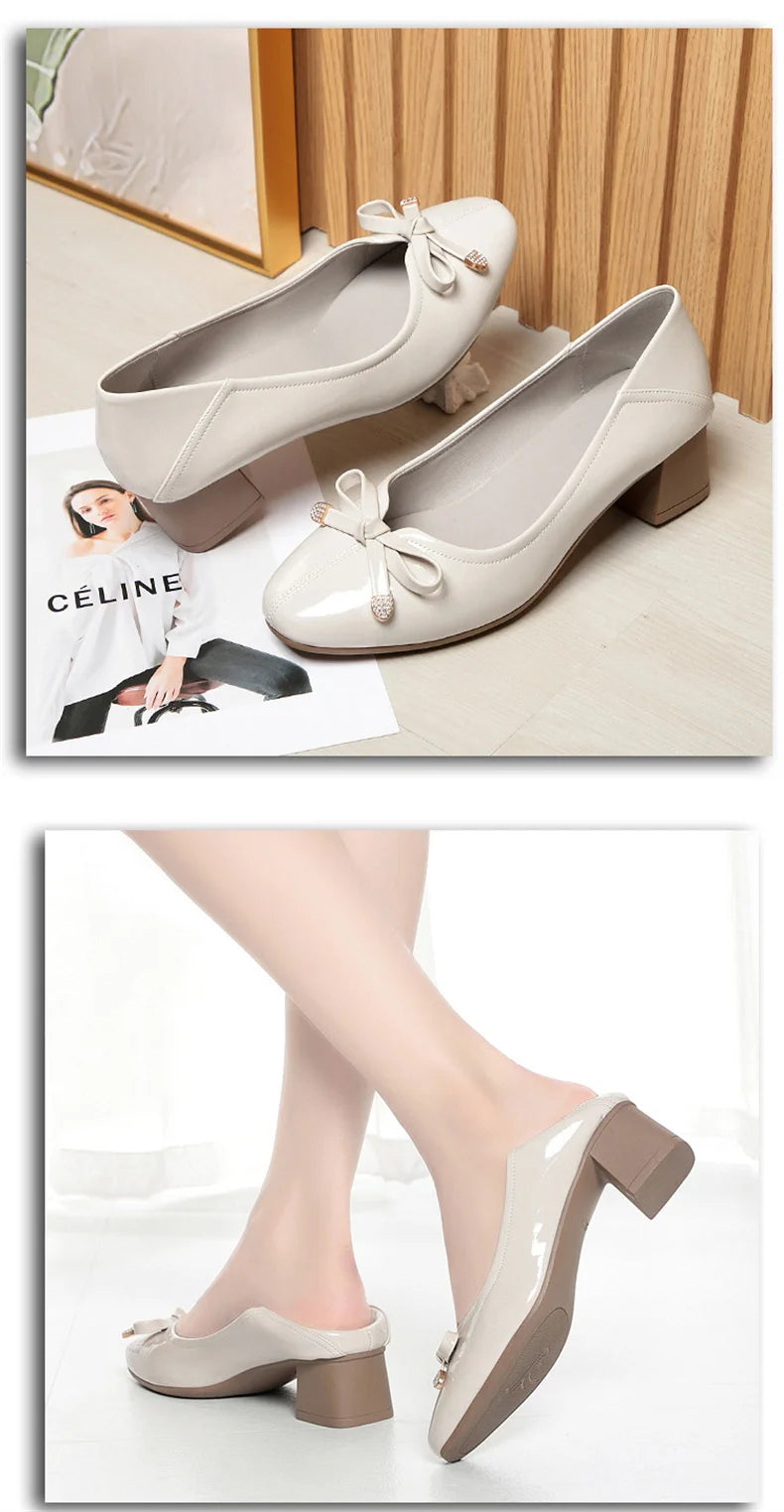 Spring New Comfort Soft Bottom Round Toe Solid Ballet Shoes Low Heel Bow Pumps Low Top Flat Patent Leather Single Shoes Viralgem Store