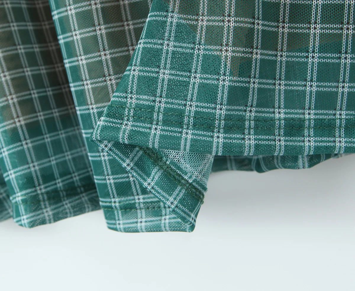 2024 Sexy Ruched Square Collar Contrast Color Plaid Flower Print Sleeveless Mini Mesh Dress Women Packages Hips A-line Tank Robe