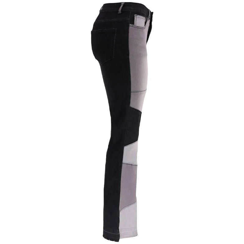 Women Flare Jeans Casual Pants Pannelled Collision Fashional High Waist Fit Female High Quality 91Y35