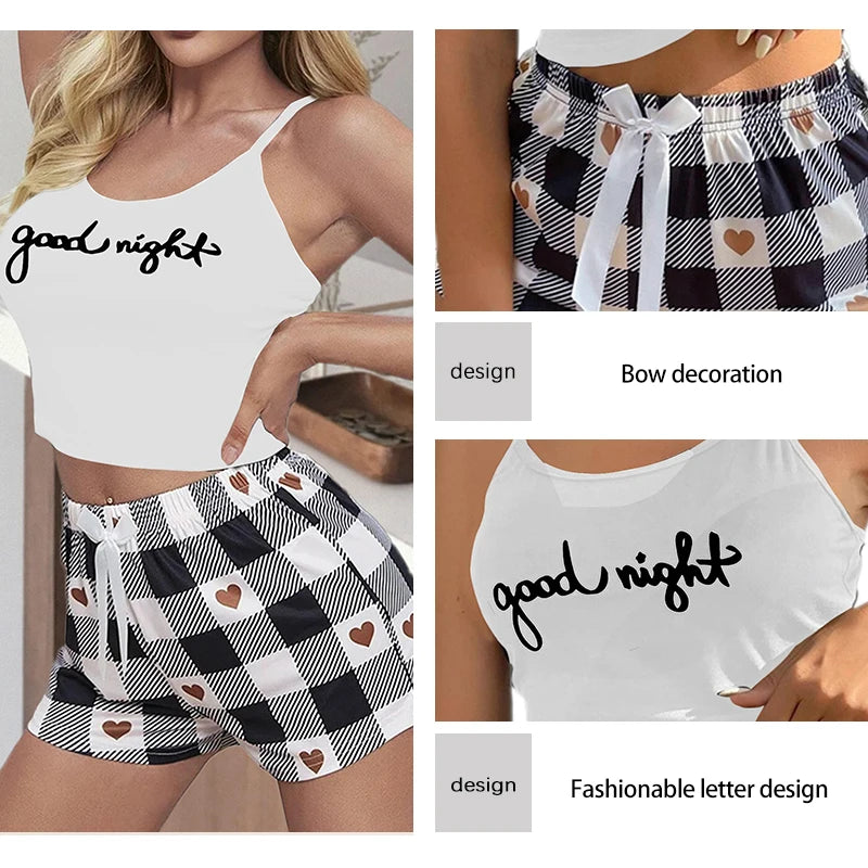 Two Piece Women's Summer Home Set with Round Neck Suspender Letter Vest Bow Plaid Shorts Pajama Set