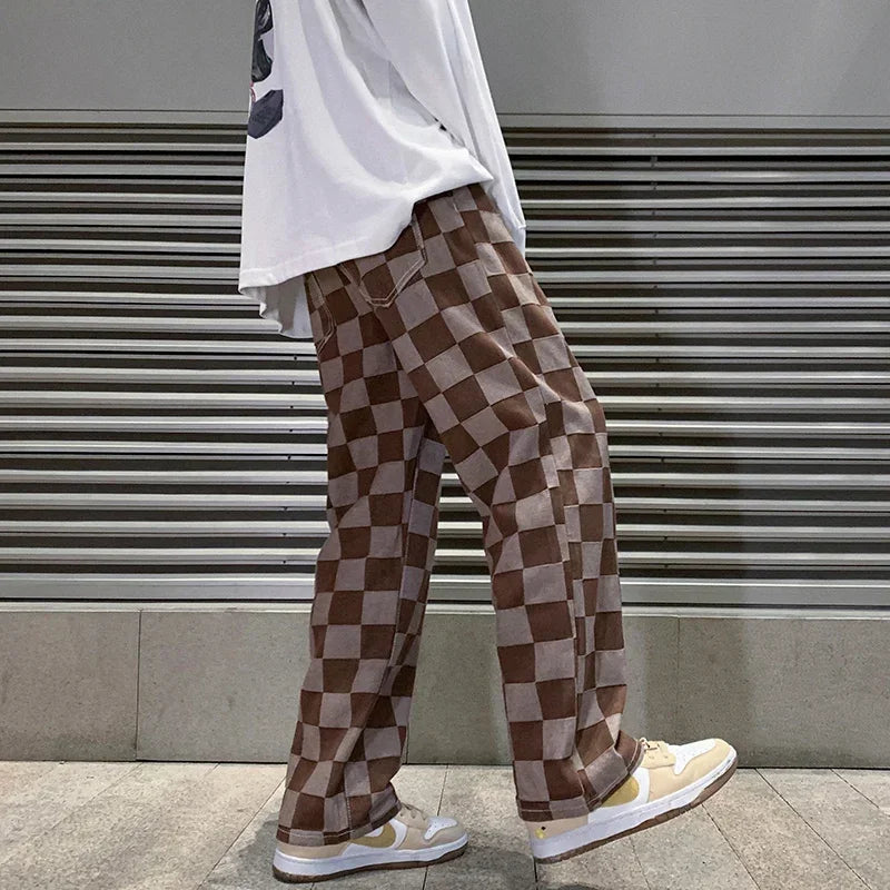 2024 Spring New Men's Brown Check Print Baggy Jeans Korean Fashion Streetwear Denim Straight Pants Male Brand Trousers