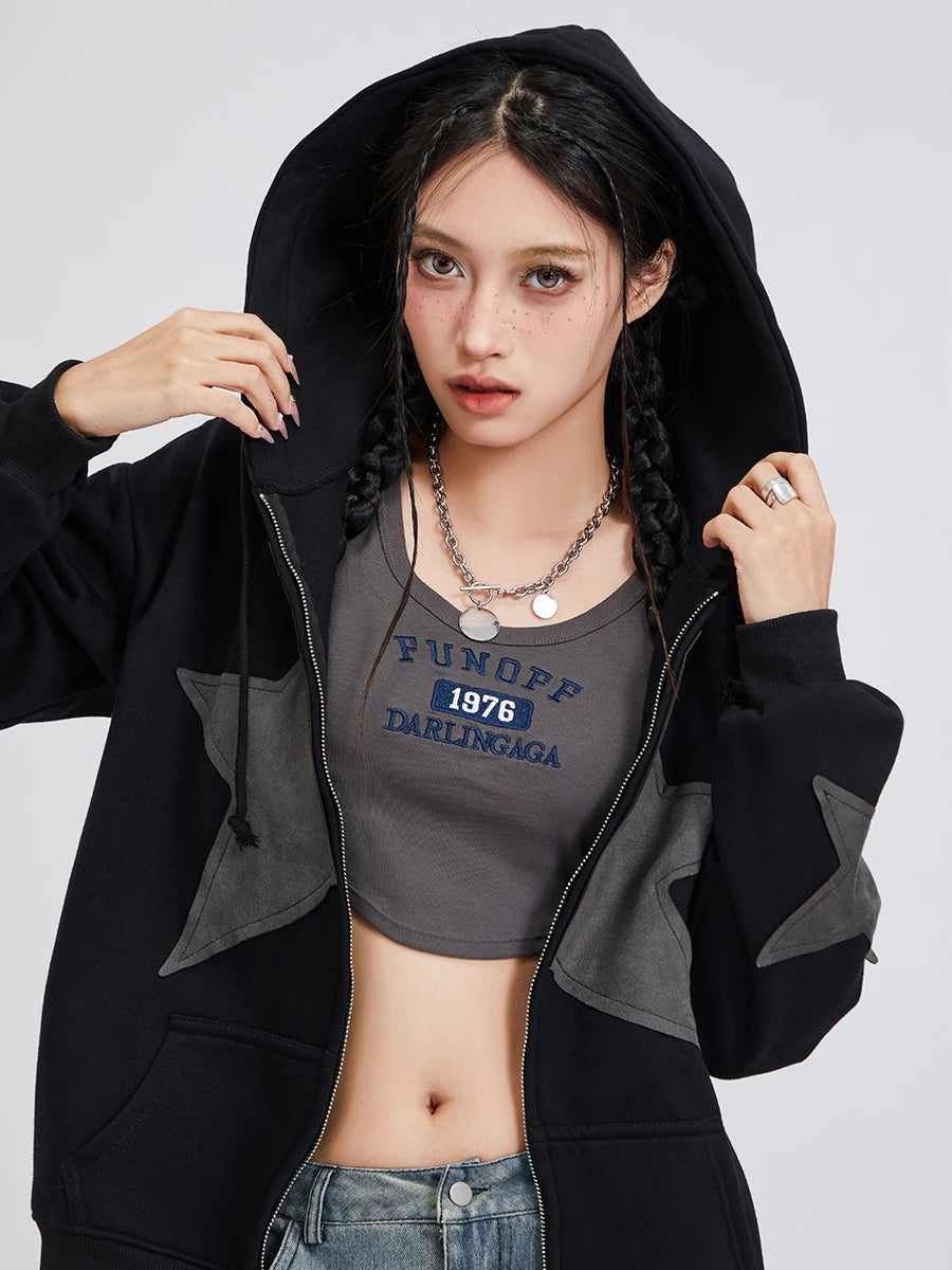 Women's Y2k Zip Up Hoodies Star Print Long Sleeve Graphic Hooded Jacket Aesthetic Oversized Coat Harajuku Streetwear