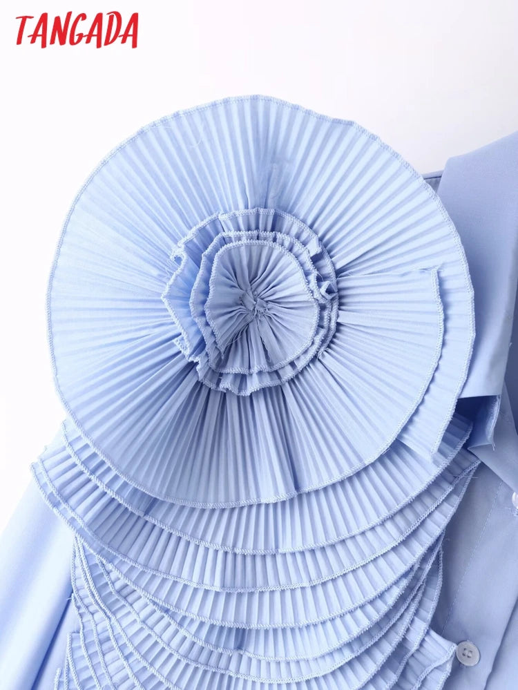 Tangada 2024 Spring Women Blue Flower Shirt Long Sleeve Female Loose Blouse Tops 4T02 Viralgem Store