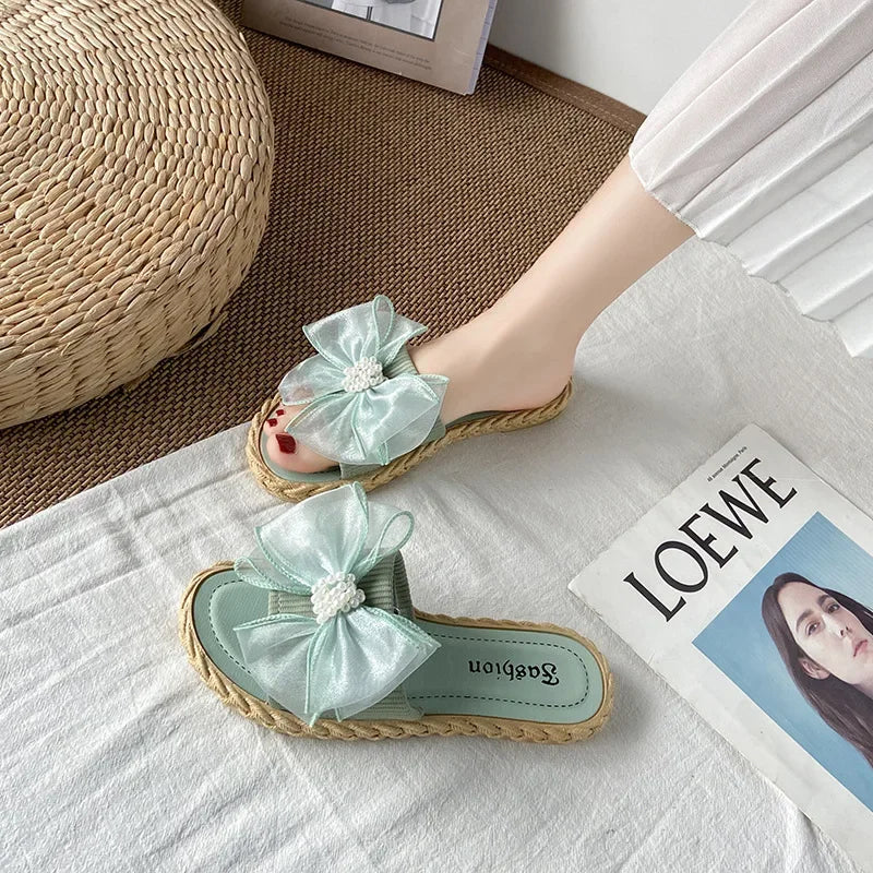 Women Summer Slippers Online Celebrity Slippers Ins New Joker Korean Fairy Wind Mesh Bow Word Drag Breathable Wear-resistant