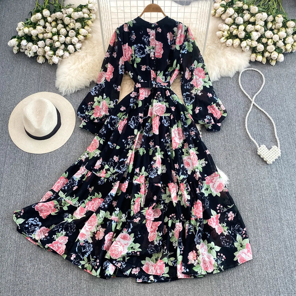 Spring Autumn Women Floral Chiffon Long Dress Vintage Purple/Pink/Black/Beige Stand Collar Single Breasted Maxi Robe Elegant New Viralgem Store