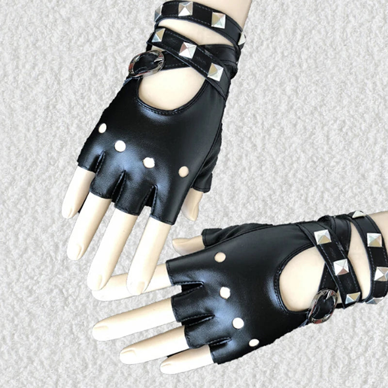 Womens Leather Half Finger Gloves Punk Rivets Belt Gloves Pole Dance Street Dance Leather Gloves Performance Gloves