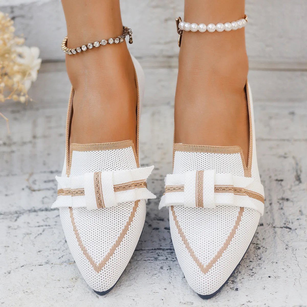 Women Flats 2024 New Knitted Slip Breathable Comfortable Solid Color Shoes Casual Pointed Toe Walking Loafers Sneakers Women Viralgem Store