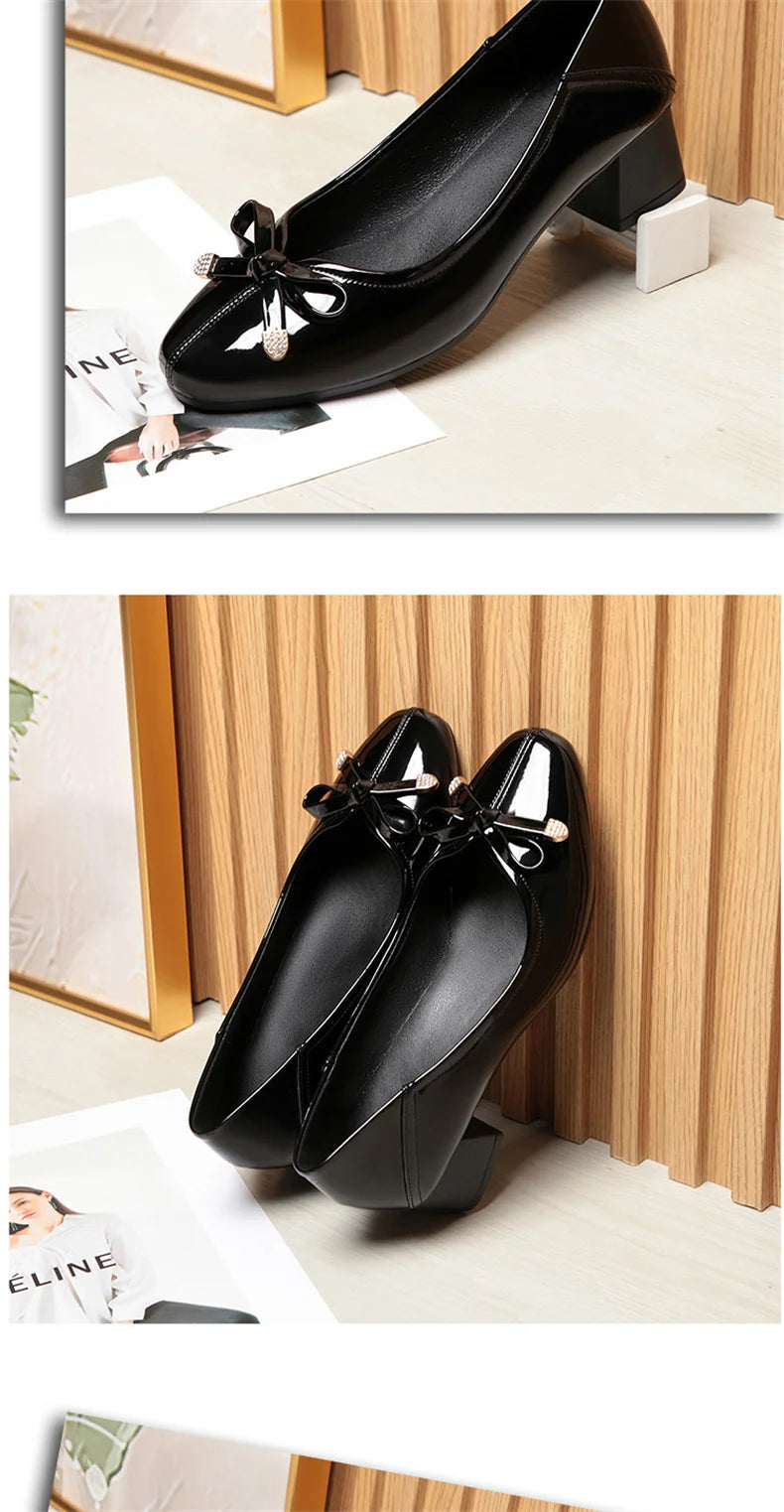 Spring New Comfort Soft Bottom Round Toe Solid Ballet Shoes Low Heel Bow Pumps Low Top Flat Patent Leather Single Shoes Viralgem Store