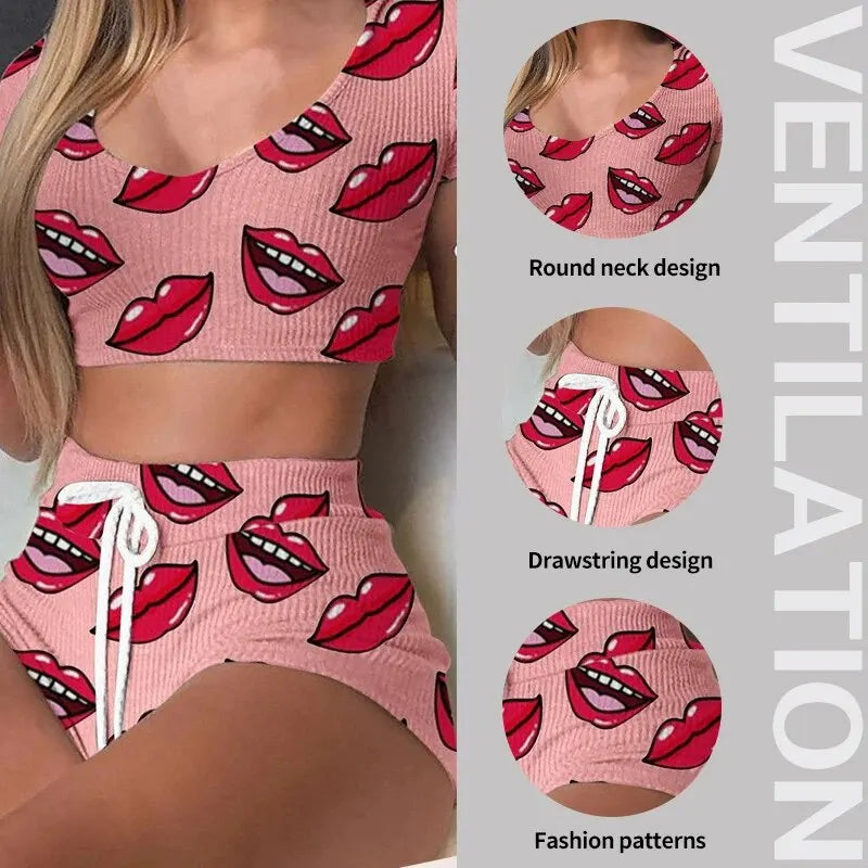Two Piece Set of New Women's Fashionable Red Lip Pattern Pajama Home Set, Women's Slim Fit V-Neck Sexy High Waist Pajama Set