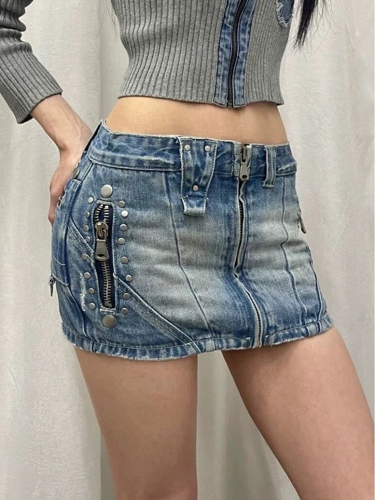 Summer Woman Japanese Y2k Denim Skirt Low Rise Jean Cargo Skirt Mini Sexy Hot Gyaru 2000s Aesthetics American Style Cyber Punk