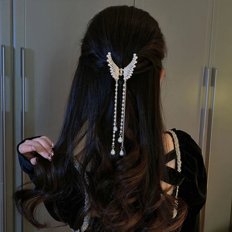 Super Fairy Butterfly Tassel Grab with Diamond Pearl Angel Wings Back Head Hair Grab Female Summer Half Tie Hair Artifact