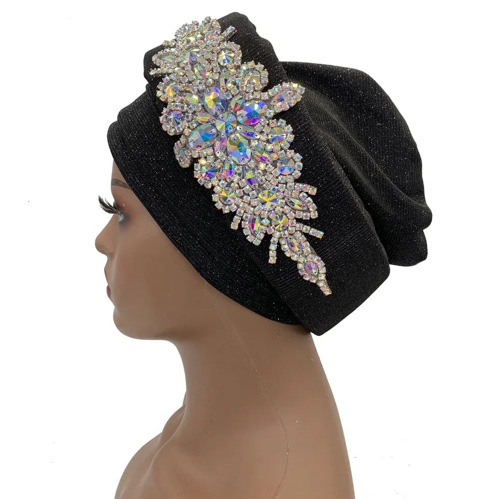 African Wrap Head Headgear Nigeria Auto Gele Headtie Turbante Mujer Luxury Rhinestone Turban Hat for Women Glitter