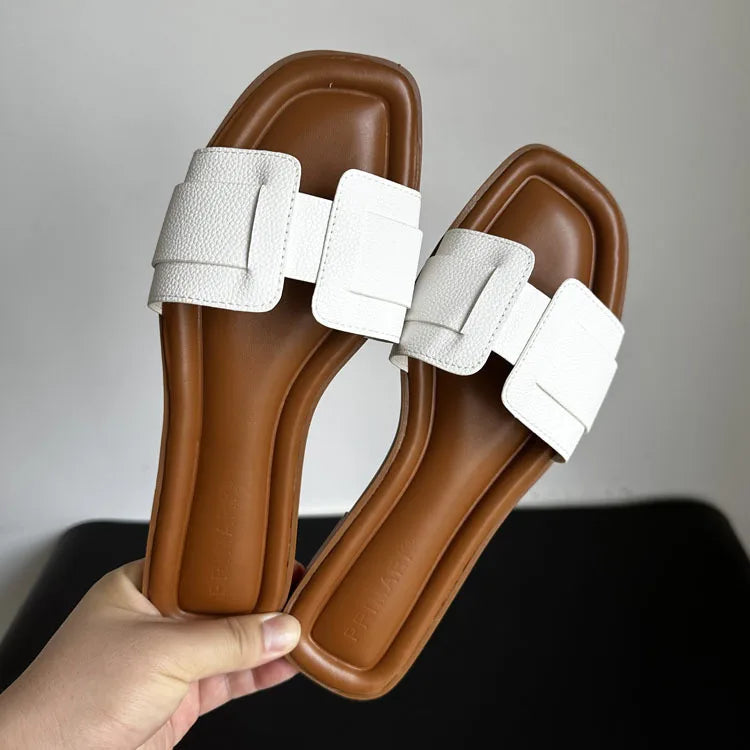 2024 Women Modern Slippers Summer Outdoors Comfortable Flat Slippers Luxury Leather Slippers Casual Slides Shoes Females Sandals