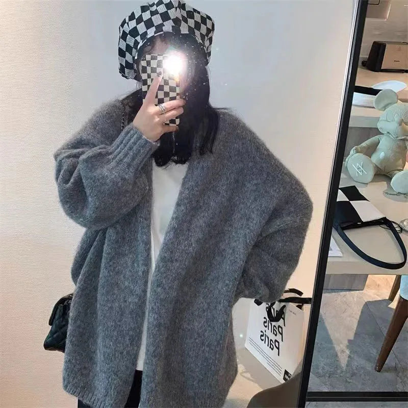 Zoki Autumn Winter Thicken Warm Women Cardigan Sweater Korean Lazy Wind Soft All Match Cardigans Tops Solid Loose Knitted Coats