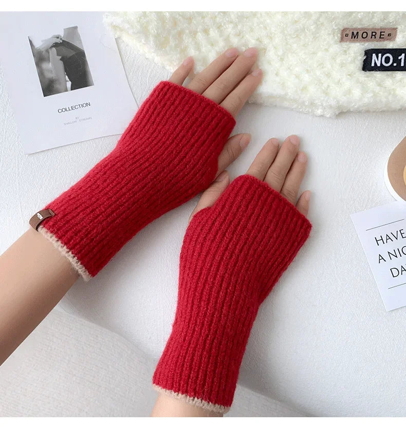 Warm Half Finger Knitted Gloves Autumn and Winter Fingerless Deer Cashmere Gloves Women Mittens Thumb Hole Short Gloves