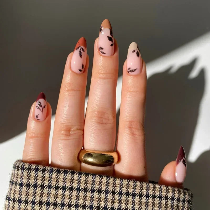 24Pcs Autumn Winter Matte Almond False Nails with Glue Rose Leaf Printing Nail Art Simple Full Cover Press on Acrylic Nails Tips Viralgem Store