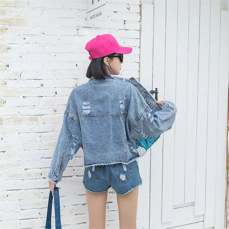 2024 New Women Coat Cartoon Sticker Embroidered Sequin Short Denim Jacket Loose Bowknot Top