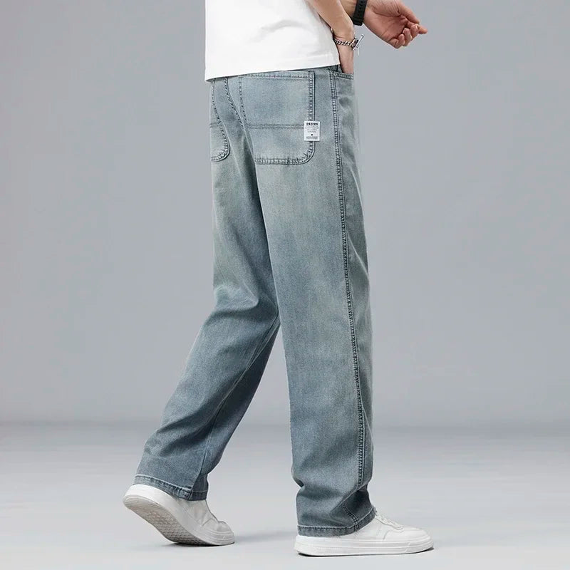 2025 New Summer Ultra-thin Lyocell Men's Jeans Drape Soft Fabric Loose Straight Casual Denim Pant Elastic Ice Silk Male Trousers
