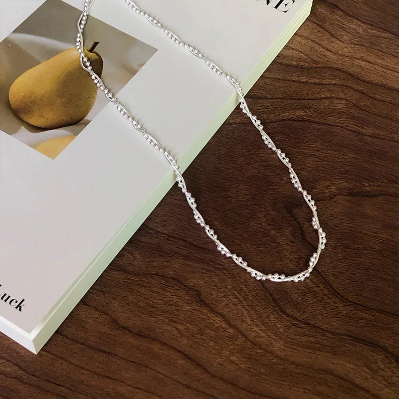 925 Sterling Silver Double Layer Snake Bone Chain Necklace for Women's Sweet Temperament Round Bear Neckchain Fashion Jewelry