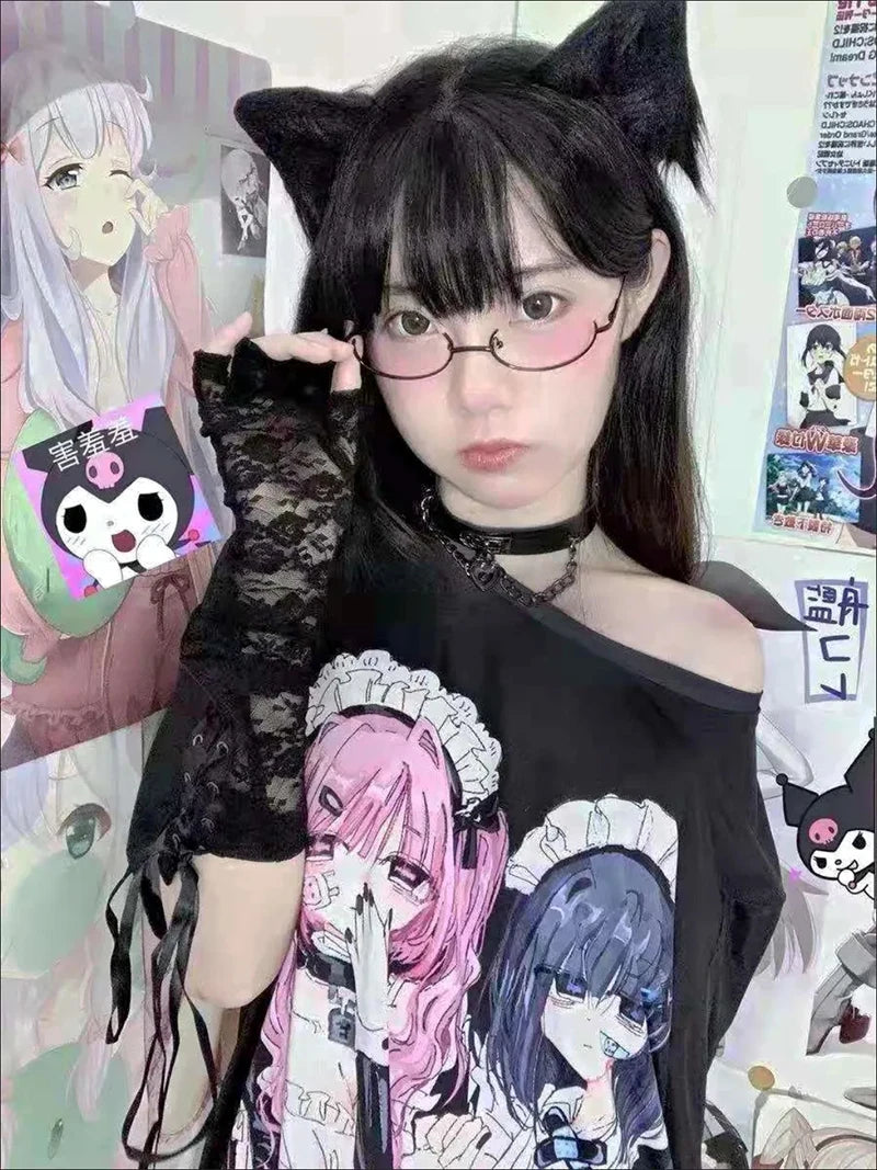 Summer Gothic Harajuku Clothes For Women Long T Shirt Oversize Japanese Fashion E Girl Print Loose Short Sleeved T-Shirt Women