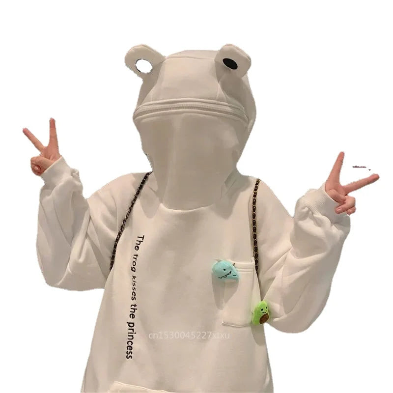Unisex Frog Zipper Hoodie Fleece Lined Springtime Embroidery oversized Sweatshirt Harajuku Warm Pullover Korean Style Dropship