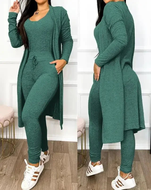 Two Piece Set Women Outfit 2025 Spring Fashion Drawstring Pocket Design U-Neck Sleeveless Skinny Jumpsuit & Long Sleeve Coat Set Viralgem Store