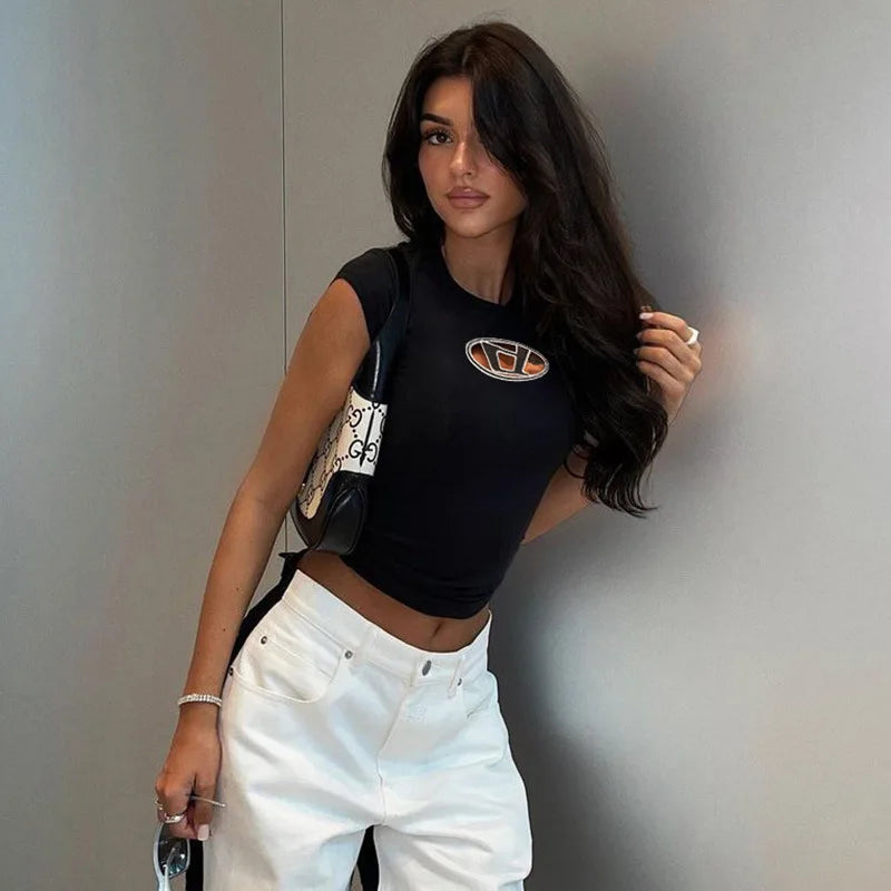 Y2k Top Shirts for Women Fashion Street Spice Girl Slim Show Chest D Embroidery Crop Short Open Umbilical Versatile Top