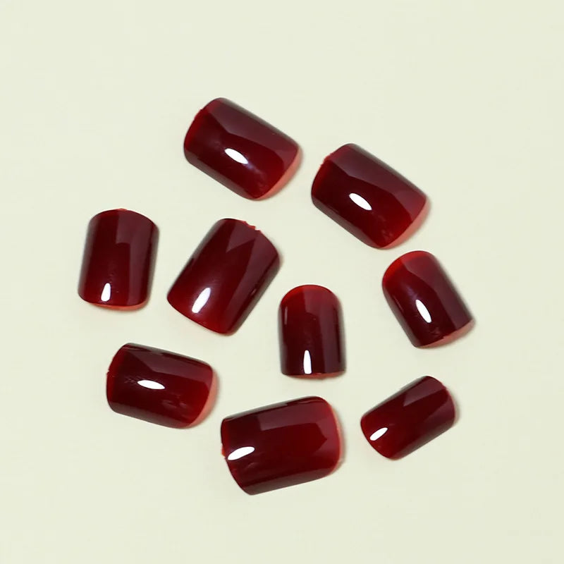 24Pcs Solid Color Wine Red Design Press on Nail Short Square False Nails Simple Detachable Finished Full Cover Nail Tips
